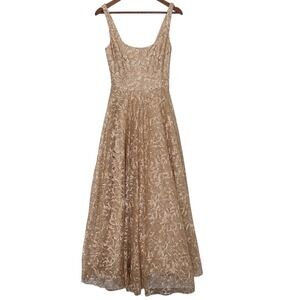 Theia Lace Midi Dress Gold Champagne Sleeveless Fit Flare Size 4 NWT $895
